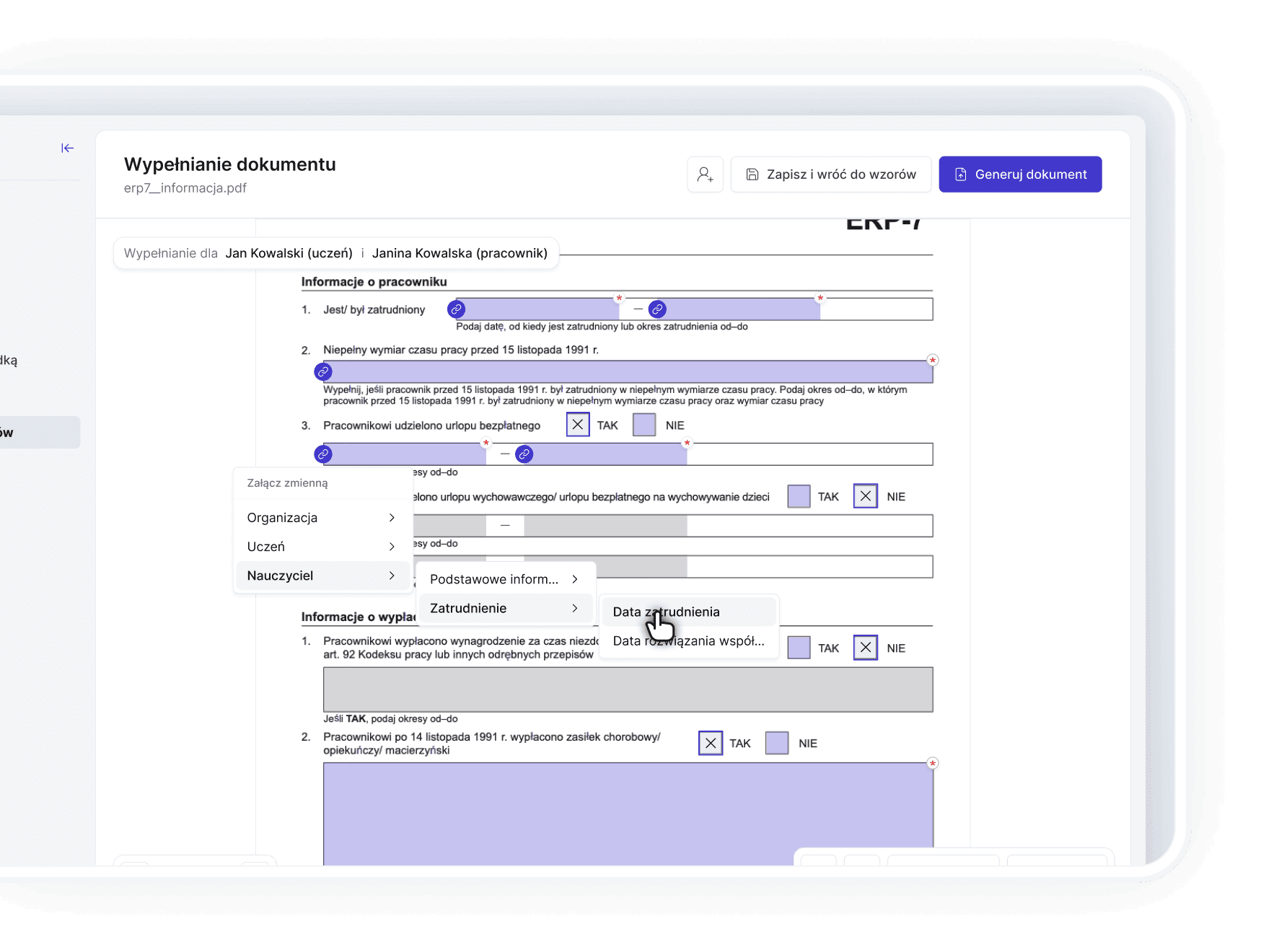 Automatycznie uzupełniaj wzory danymi placówki, uczniów czy pracowników